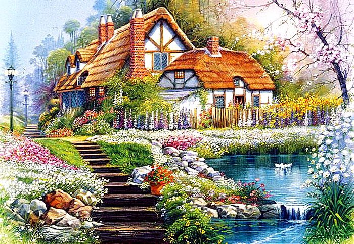 Домик на берегу озера - сад, цветы, озеро, домик, пейзаж - оригинал
