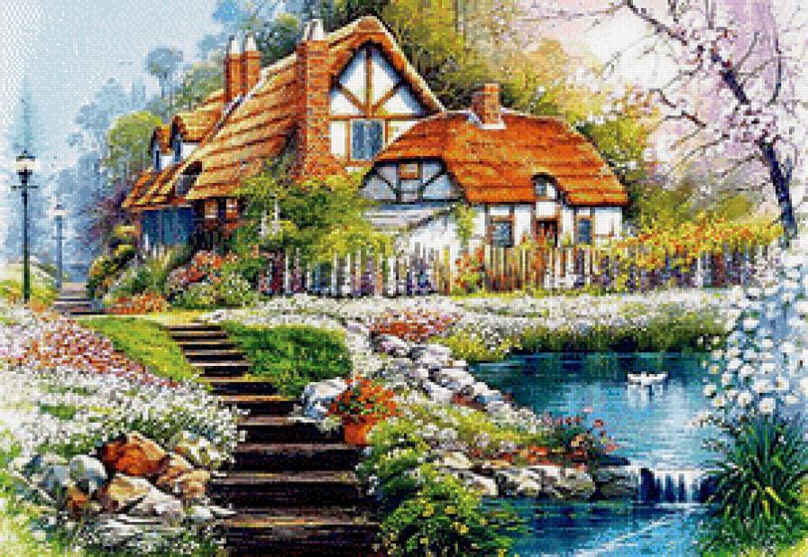 Домик на берегу озера - цветы, пейзаж, домик, сад, озеро - предпросмотр