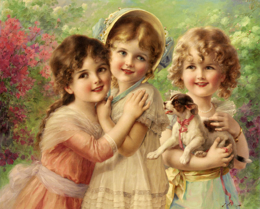 3 girls - девочка, ребенок, картина, цветы - оригинал
