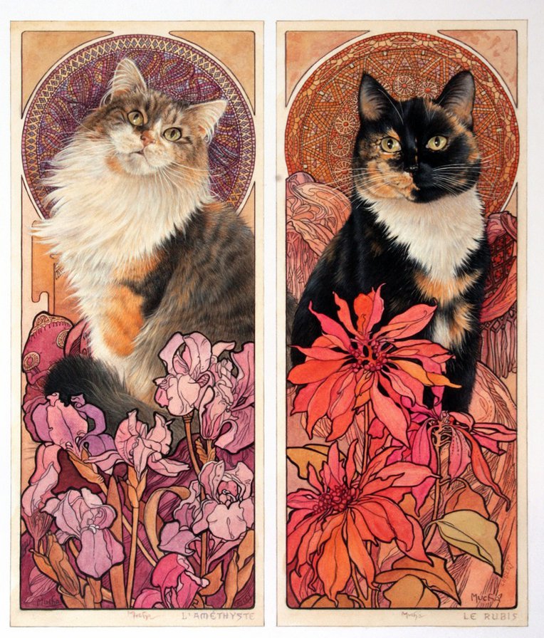 Диптих "Кошки" - цветы, кошки, животные - оригинал