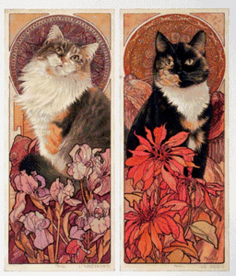 Диптих "Кошки" - кошки, животные, цветы - предпросмотр