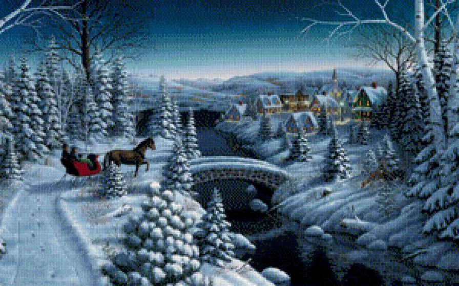 заснеженая деревня - зима, мостик, природа, городок, пейзаж, деревня, рождество - предпросмотр