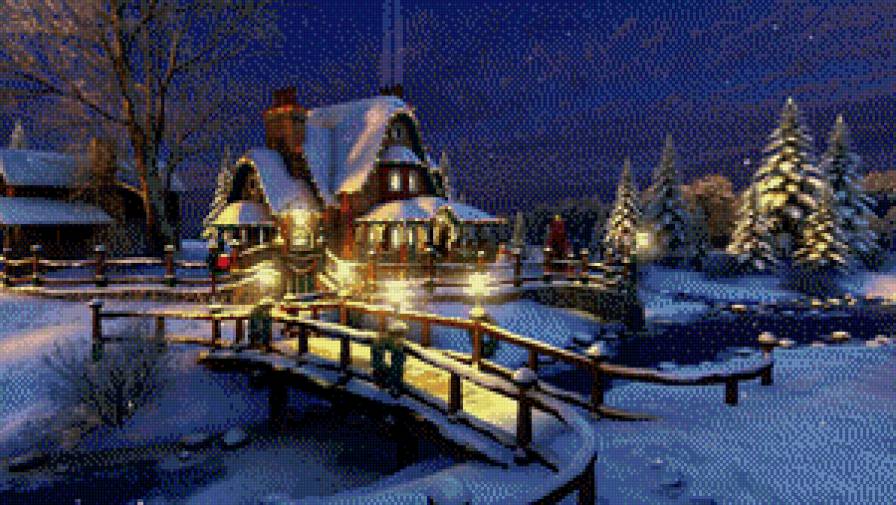 рождественская ночь - фонарик, мостик, праздник, новый год, рождество, снег, зима - предпросмотр