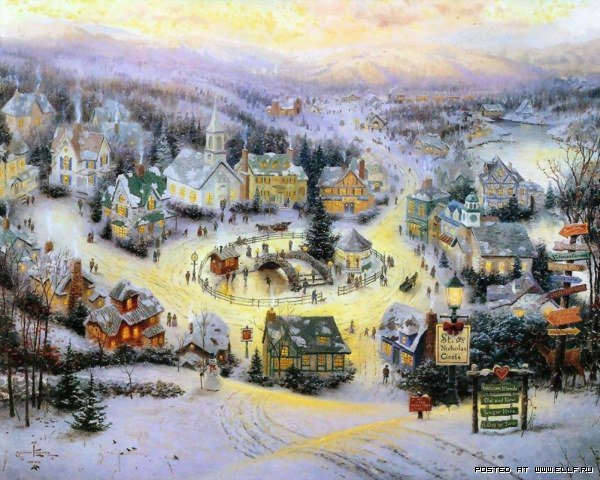 зимний городок - снег, новый год, зима, рождество, сани, городок - оригинал