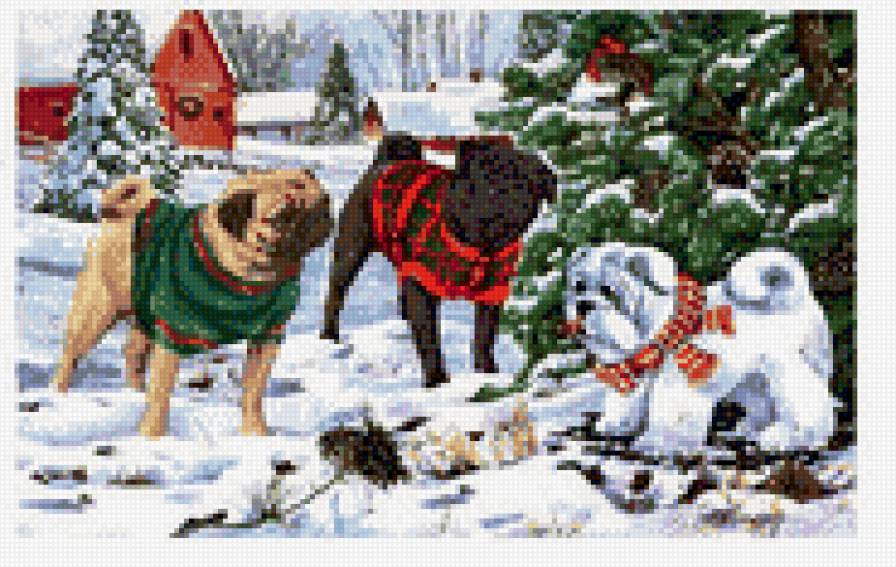Новогодние мопсы - праздник, мопс, собака, новый год, зима - предпросмотр