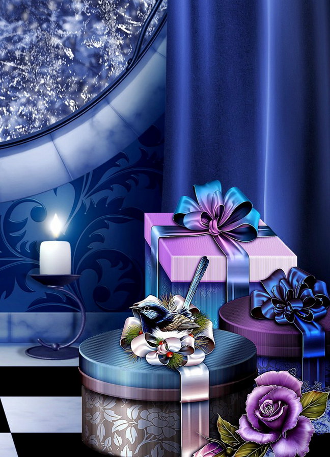 новогодний подарок - коробка, окно, роза, огонь, птица, бант, свеча - оригинал