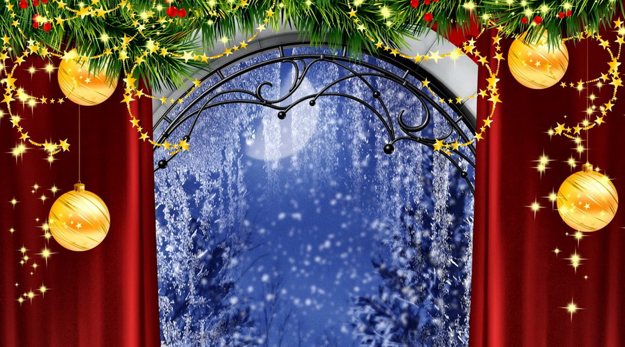 новогоднее окно - игрушка, гирлянда, луна, снег, шар, штора, елка - оригинал