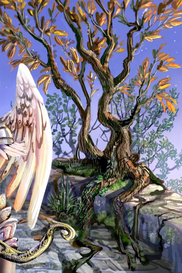 ангел с луком часть 2 - картина, женщина, дерево, природа, дорога, живопись, девушка, крылья - оригинал