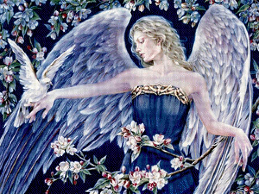 ангел и голубь - живопись, женщина, крылья, картина, девушка, цветы, фэнтези, птица - предпросмотр