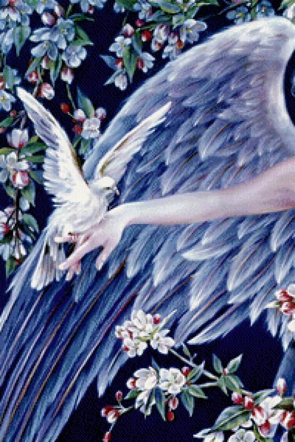 ангел и голубь часть 1 - крылья, птица, женщина, цветы, живопись, картина, девушка, фэнтези - предпросмотр