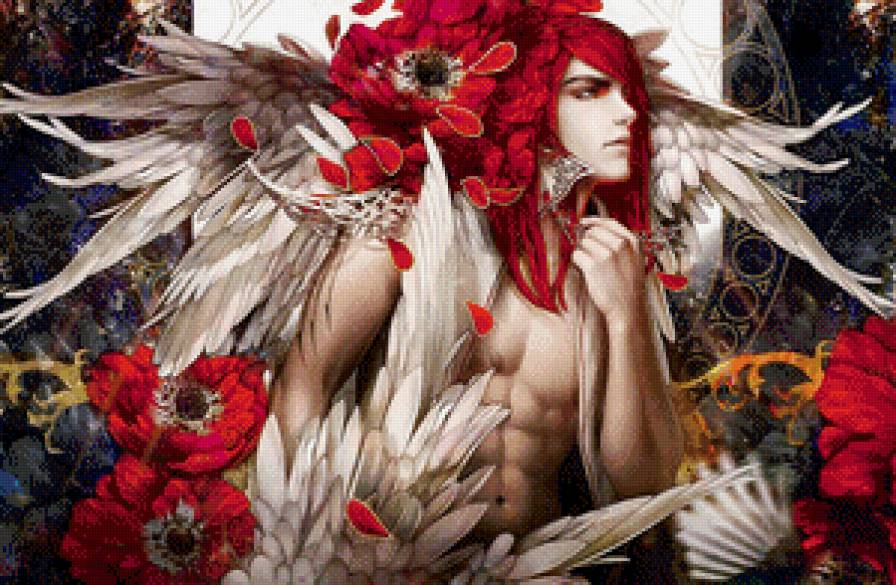 ангел - мужчина, живопись, крылья, цветы, парень, фэнтези - предпросмотр