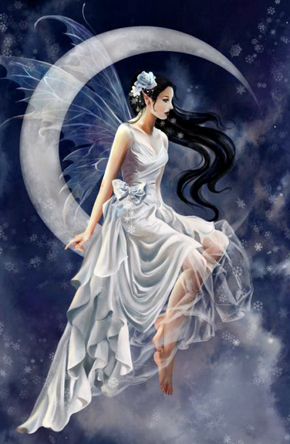 светлый ангел - фэнтези, крылья, девушка, живопись, луна, женщина, эльф - оригинал