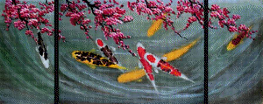 фен шуй  триптих цветушая сакура и карпы - триптих, картина, картины - предпросмотр