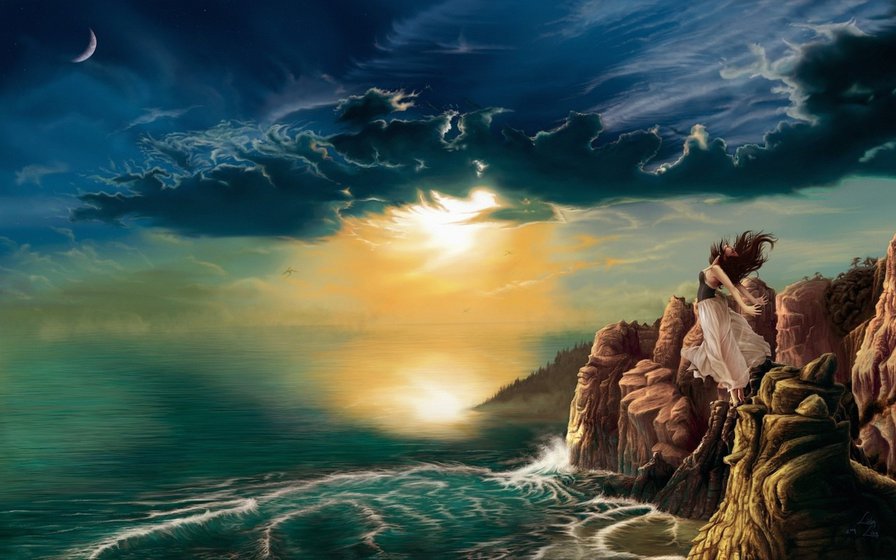 девушка и море - скалы, море, природа, закат - оригинал