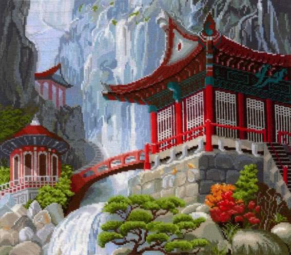 Пагода и водопад - водопад, пагода, японский пейзаж - оригинал