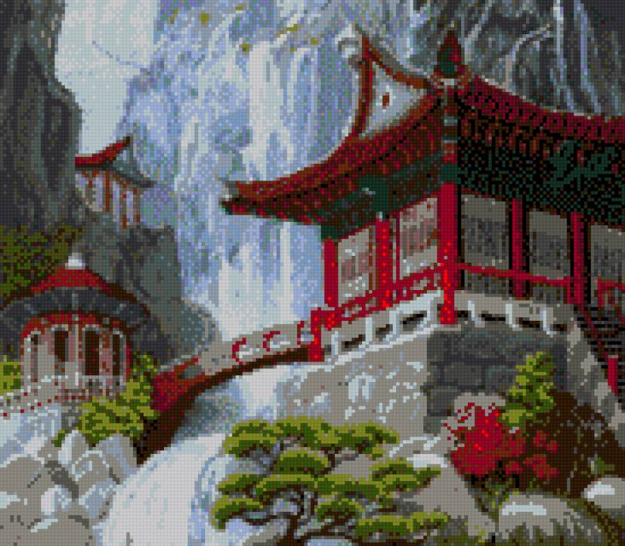 Пагода и водопад - водопад, японский пейзаж, пагода - предпросмотр