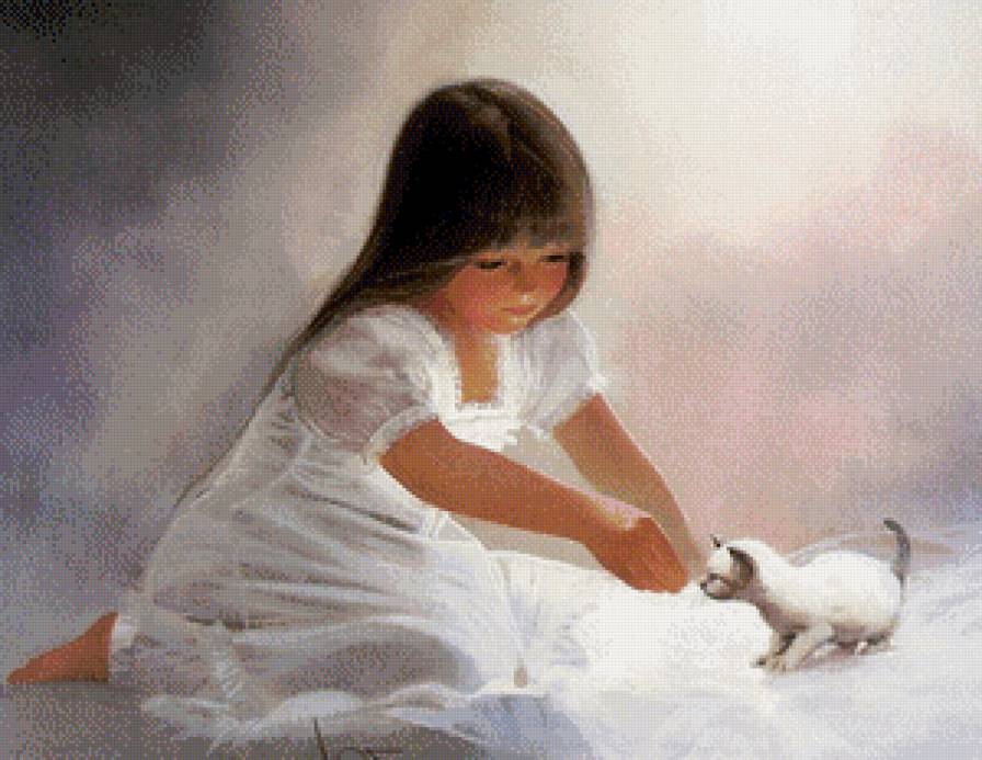 девочка в белом с котёнком - дети, животные, домашние любимцы, котенок, девочка - предпросмотр