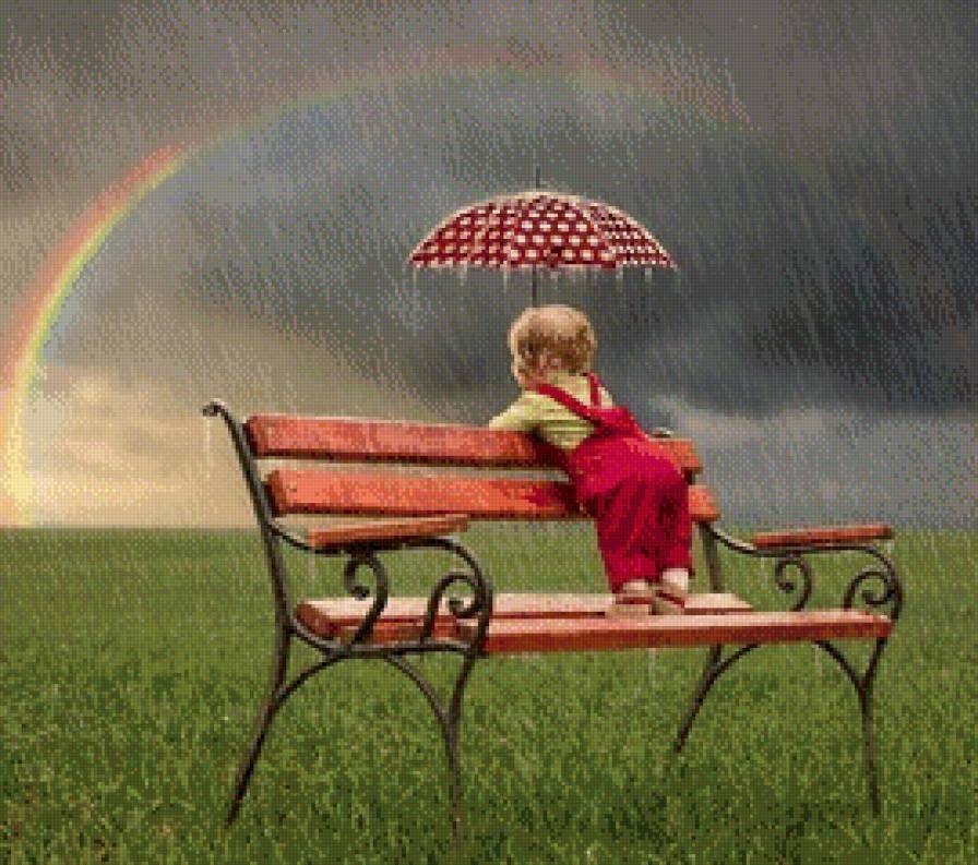 Под дождем - природа, ребенок, дождь, радуга - предпросмотр