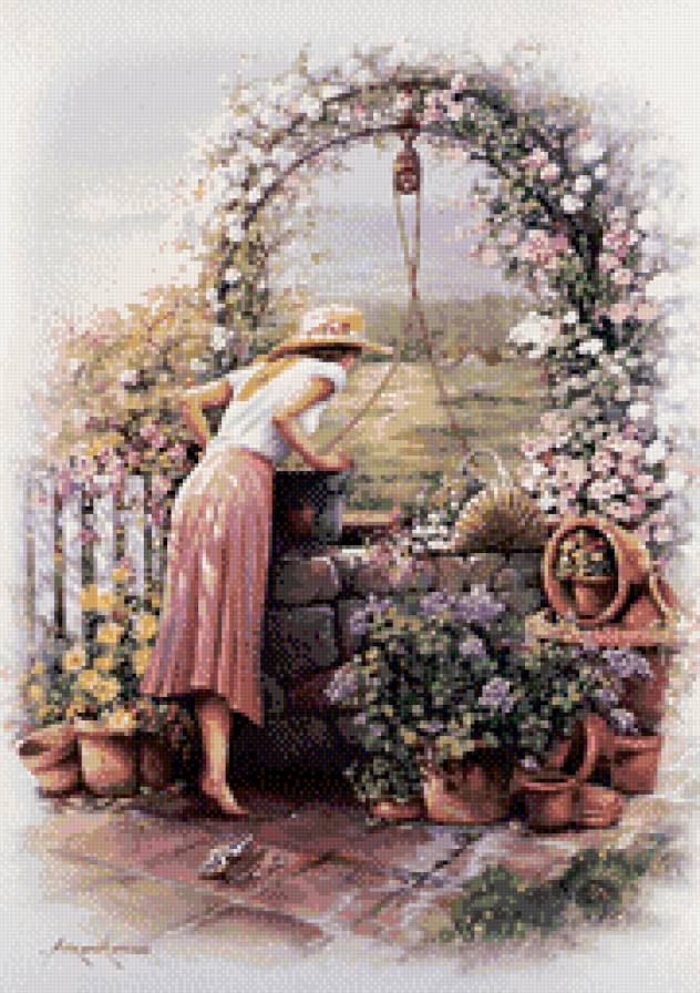 девушка у колодца - цветы, девушка, дача, сад, колодец - предпросмотр
