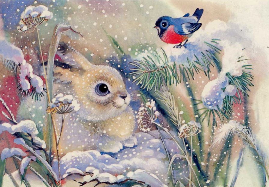 зайчик и снегирь - зайчик, снегирь, птичка, праздник, зима.снег.рождество - оригинал