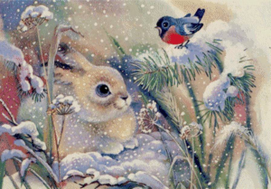 зайчик и снегирь - зима.снег.рождество, зайчик, праздник, птичка, снегирь - предпросмотр