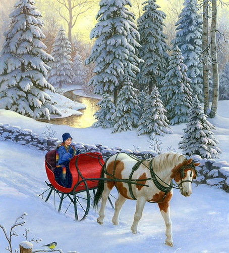 Зимняя прогулка - пейзаж, зима, лошади, девушка, животные - оригинал