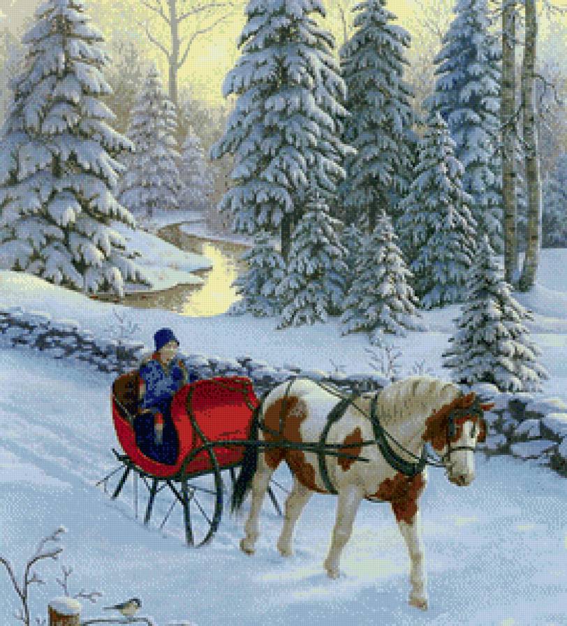 Зимняя прогулка - животные, лошади, девушка, пейзаж, зима - предпросмотр