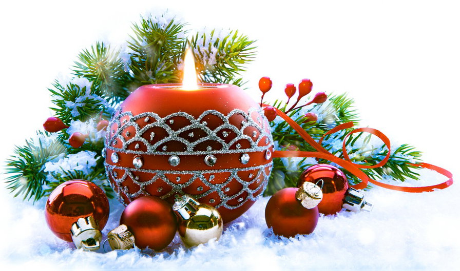 создаем  новогоднее настроение - свеча, игрушка, снег, огонь, елка, шар - оригинал