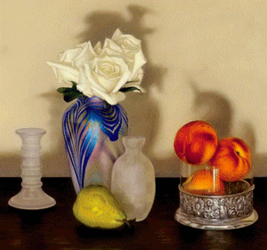 натюрморт - букет, ваза, подсвечник, тень, роза, живопись, груша, персик, цветы - предпросмотр