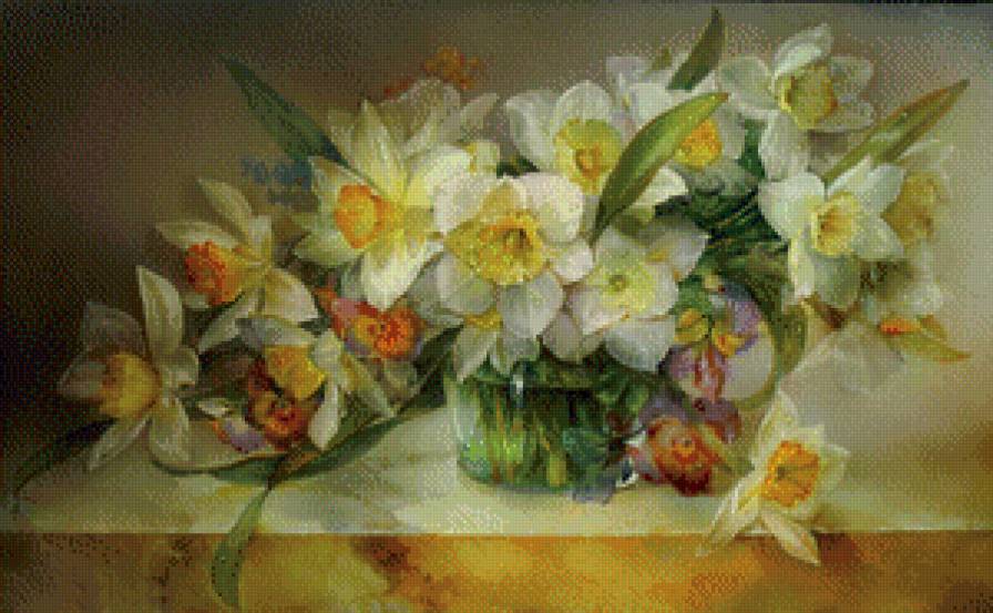 весенний букет - ваза, цветы, анютины глазки, живопись, нарцисс - предпросмотр