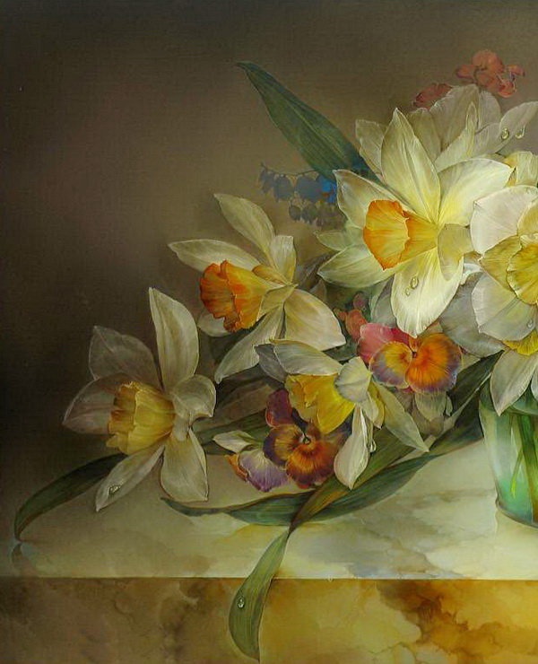 весенний букет часть 1 - ваза, нарцисс, цветы, анютины глазки, живопись - оригинал