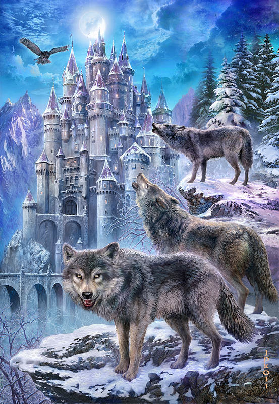 стражи замка - хищники, волки, зима, стая, снег, волк, замок.горы.лес - оригинал