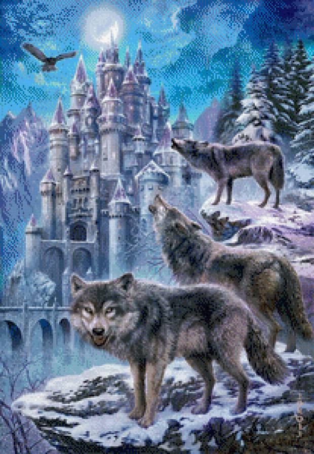 стражи замка - снег, волки, зима, замок.горы.лес, хищники, волк, стая - предпросмотр
