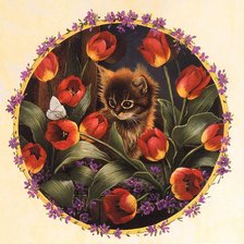 Оригинал схемы вышивки «котёнок в тюльпанах» (№523054)