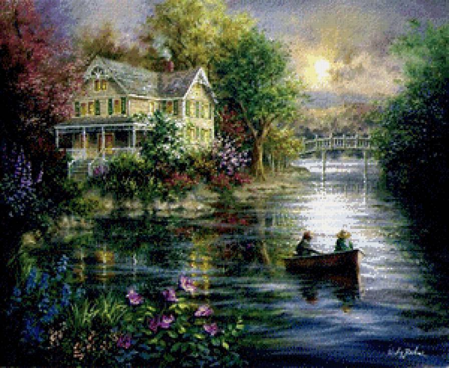 Серия "Летний пейзаж" - лодка, река, цветы, домик, люди, пейзаж, мост - предпросмотр