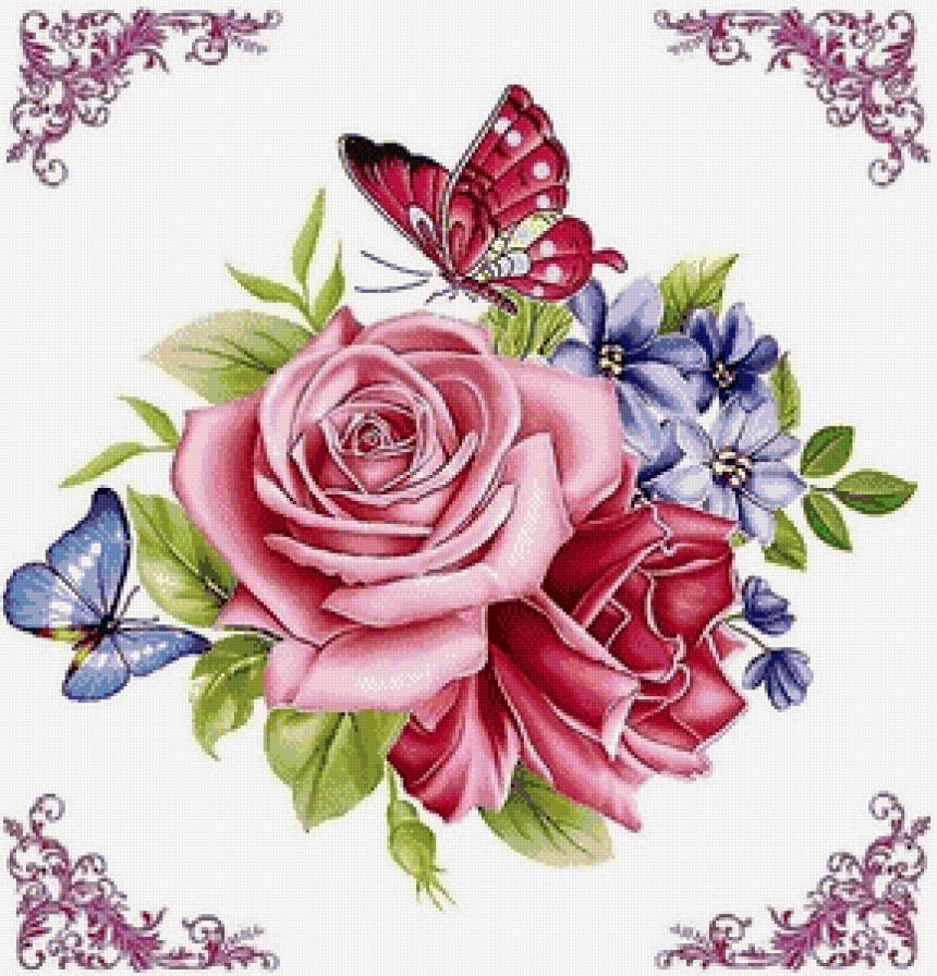 прекрасные розы - узор, бабочка, красные цветы, розы, подушка, розовые цветы, роза - предпросмотр