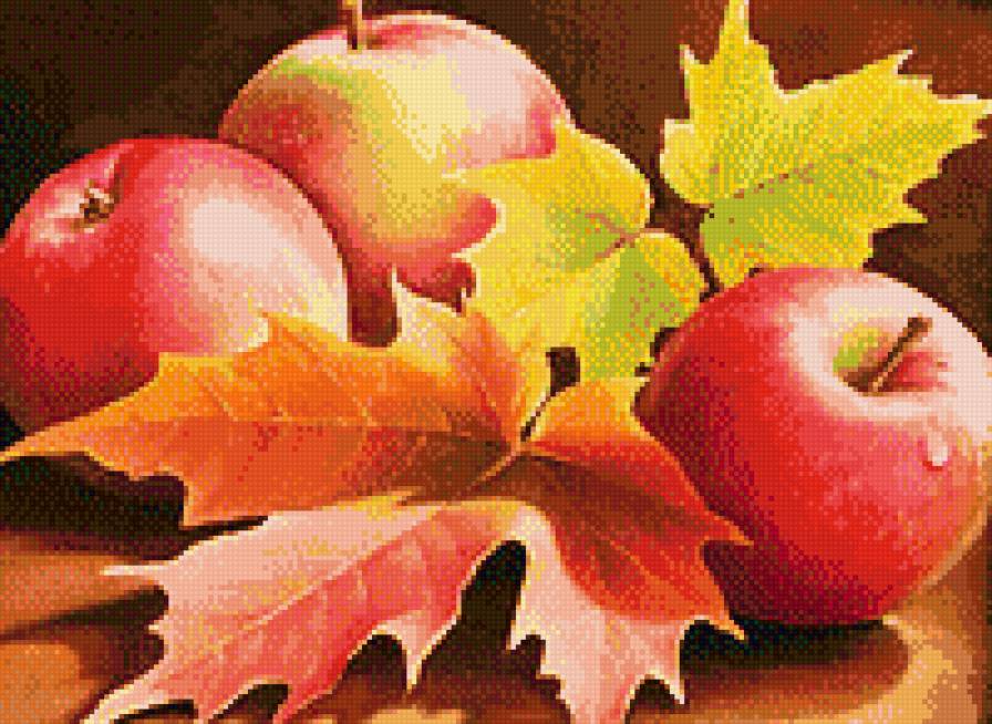 Спелые яблоки - яблоки, фрукты, натюрморт, кленовые листья - предпросмотр