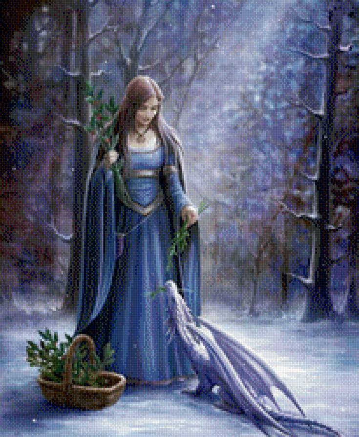 девушка и дракон в зимнем лесу - сказка, миф, дракон.зима.лес, веточка, девушка, легенда, снег - предпросмотр