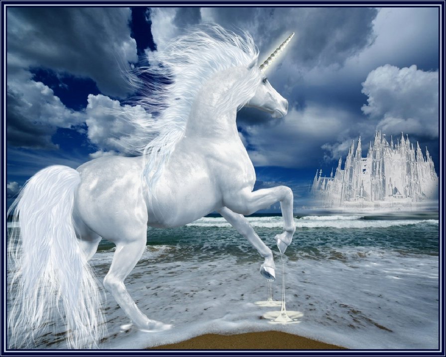 единорог и морской замок - пена, единорог, белые, кони, сказка, лошади, чудо, замок, море - оригинал