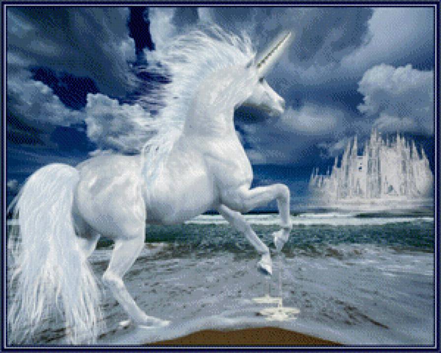 единорог и морской замок - чудо, замок, море, лошади, пена, сказка, единорог, кони, белые - предпросмотр