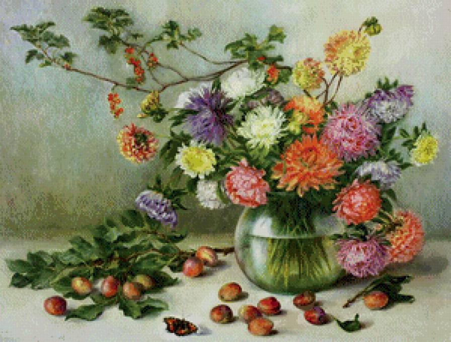 осенний букет - бабочка, живопись, ваза, слива, ветка, астра, цветы, смородина, фрукты - предпросмотр