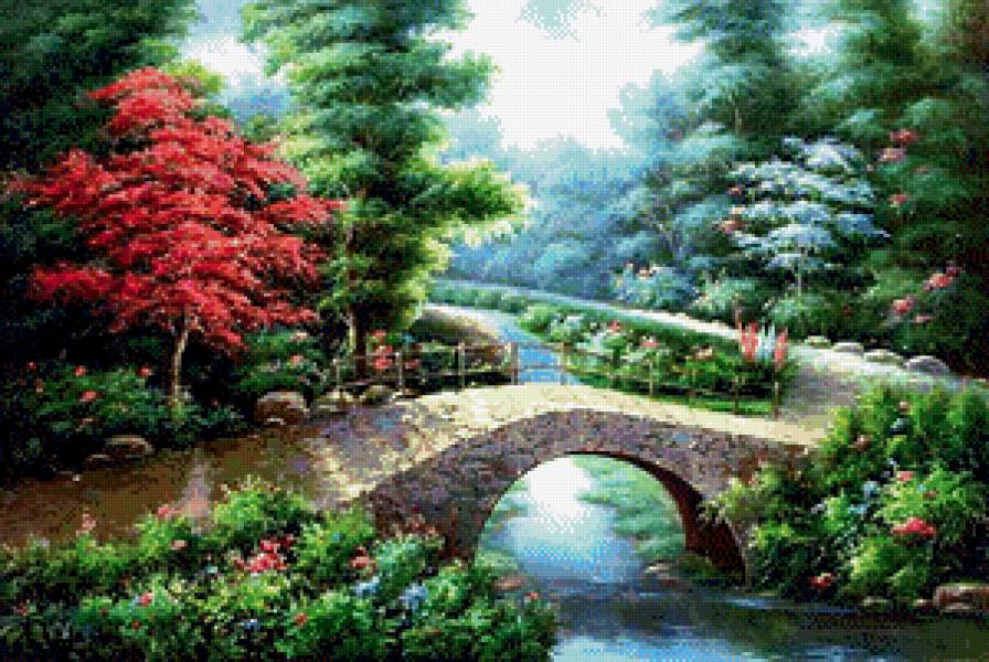 Каменный мост - парк, речка, красота, цветы, пейзаж, мост, растения - предпросмотр