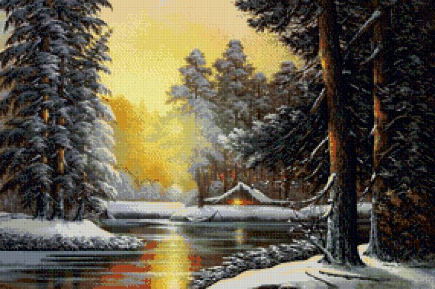 Зимний вечер в лесу 1 - лес, пейзаж, снег, вода, зима, домик - предпросмотр