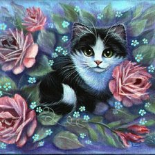 Схема вышивки «котенок в розах»