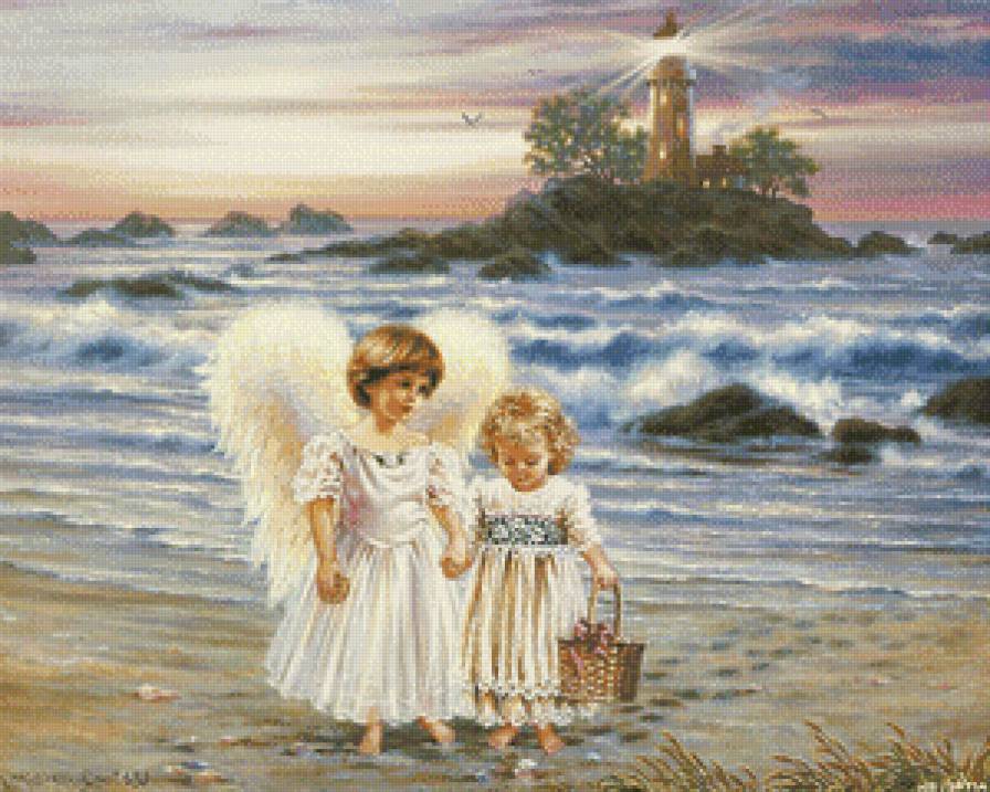 девочка и ангел на морском берегу - девочка, море, друзья, дети, пейзаж, маяк, ангел, берег - предпросмотр