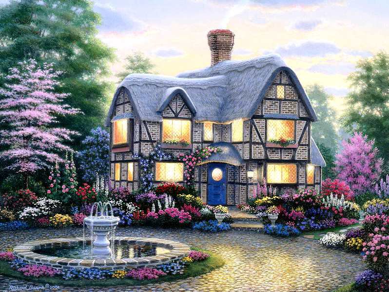 Уютный домик - домик, пейзаж, цветы, сад, фонтан - оригинал