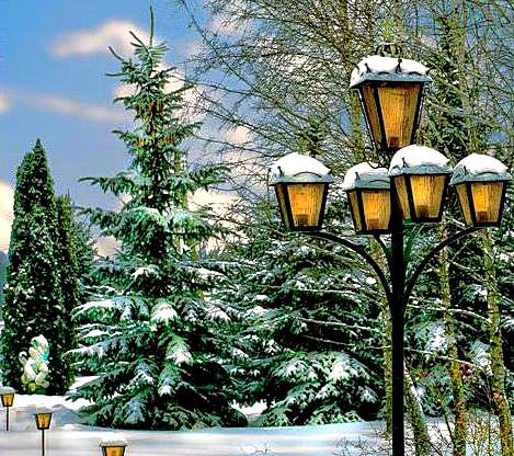 Зимний парк - парк, елки, зима, фонари, пейзаж, красота - оригинал