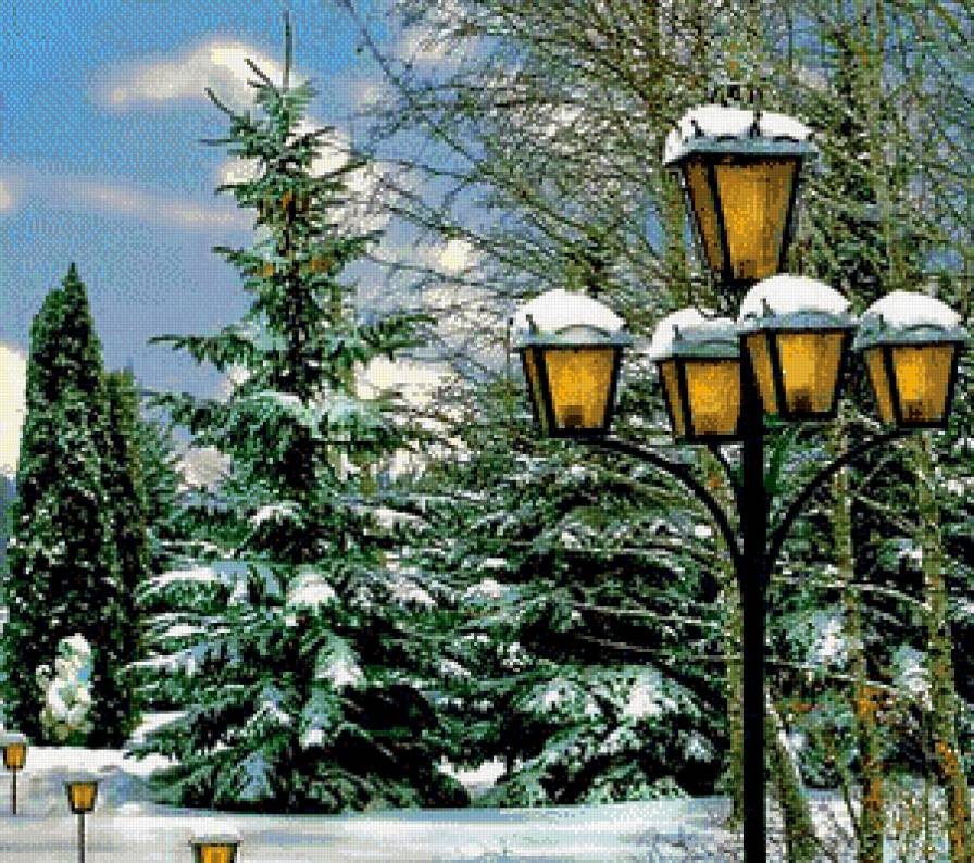 Зимний парк - фонари, пейзаж, красота, парк, зима, елки - предпросмотр