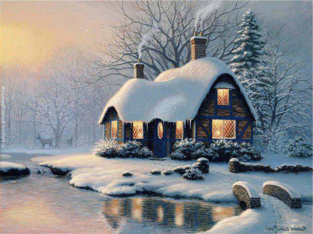 волшебная зима - зима, праздник.пейзаж.река, домик.мост.снег, рождество - оригинал