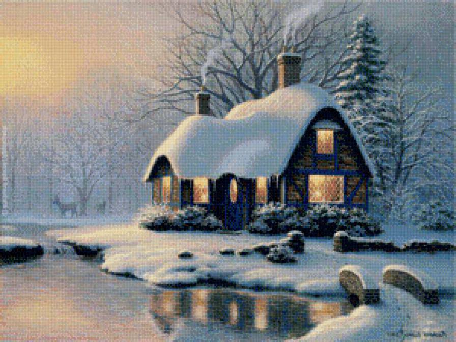 волшебная зима - зима, праздник.пейзаж.река, домик.мост.снег, рождество - предпросмотр